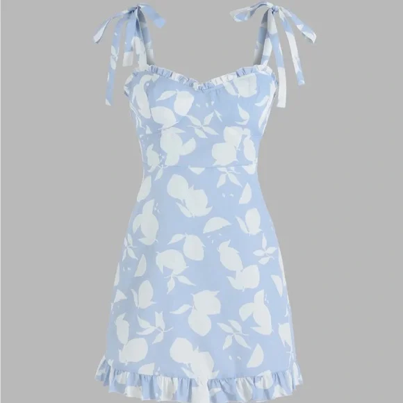 Cider Women's Summer Mini Dresses, Lemon Print Ruffle Tie Shoulder, Casual Daily Picnic Dresses, Jersey Lightweight Sun Outfit,XS/Blue